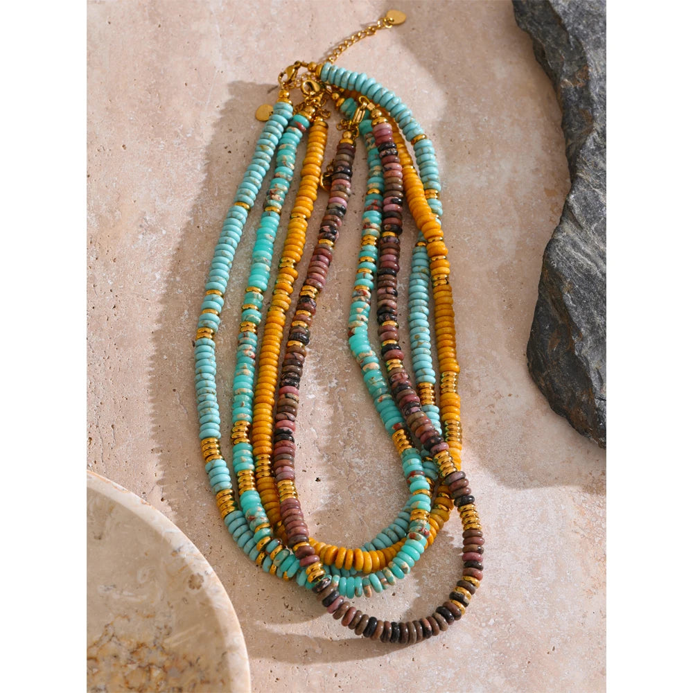 Collier Perles Heishi en Pierre Naturelle et Acier Doré – Ras du Cou Bohème, 10 Pierres au Choix