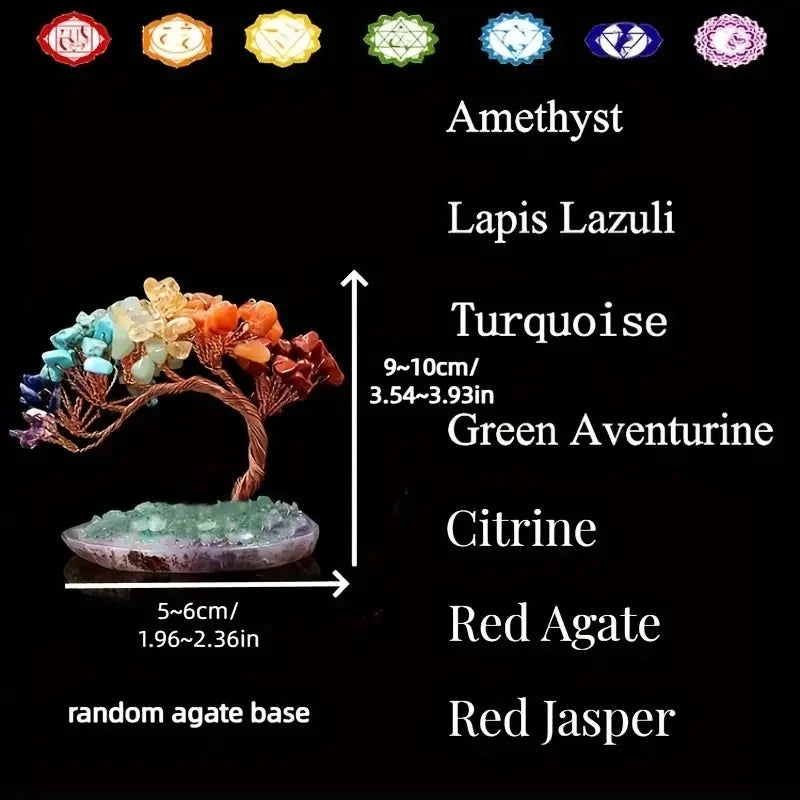 Arbre de Fortune 7 Chakras – Pierres Roulées sur Base en Agate, Fil de Cuivre, Décoration Feng Shui