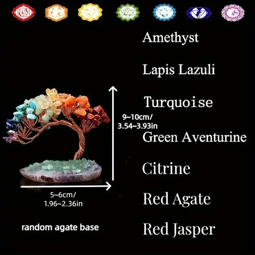 Arbre de Fortune 7 Chakras – Pierres Roulées sur Base en Agate, Fil de Cuivre, Décoration Feng Shui