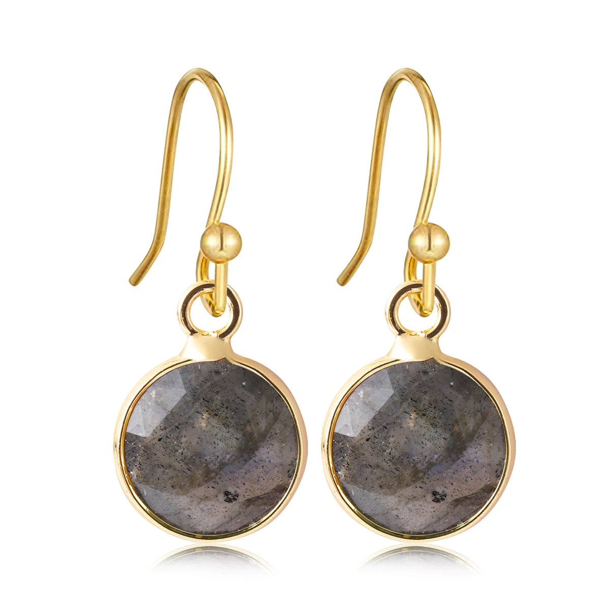 Boucles d'Oreilles Rondes en Pierre Naturelle Facettée – Crochets Acier Doré, 17 Pierres au Choix