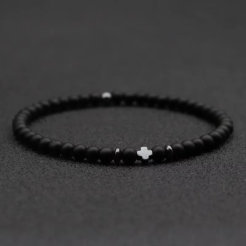 Bracelet Homme Fin Perles 4 mm et Croix – Onyx Mat, Lapis-Lazuli, Lave ou Jaspe Paysage