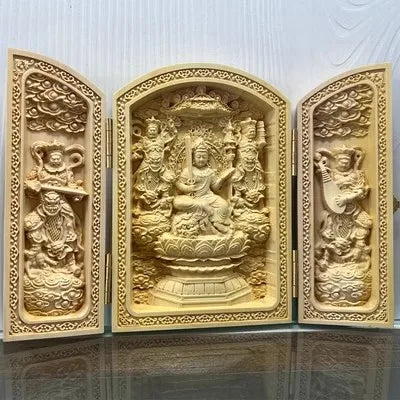 Triptyque Bouddhiste en Bois Sculpté – Autel Portable Pliant à 3 Volets, 11 Modèles