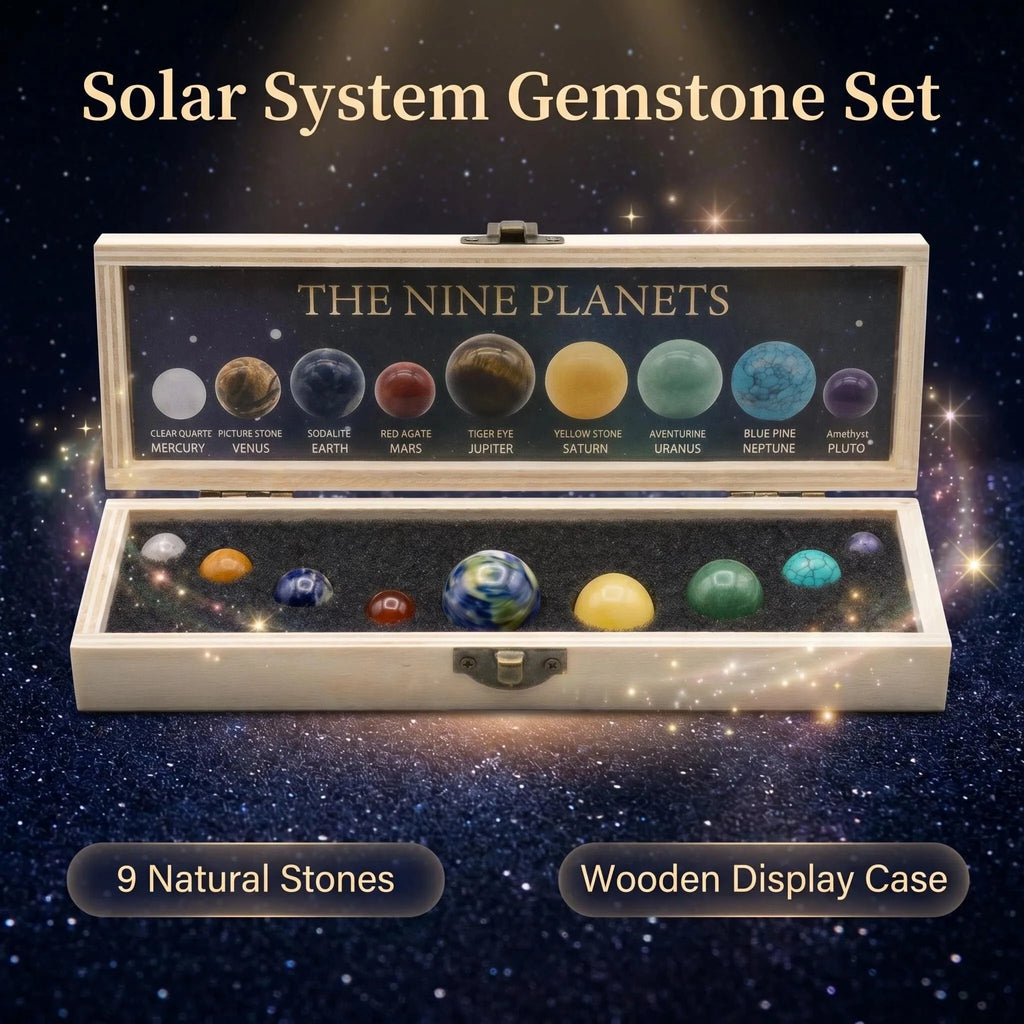 Coffret Système Solaire – 9 Sphères en Pierres Naturelles dans un Coffret en Bois