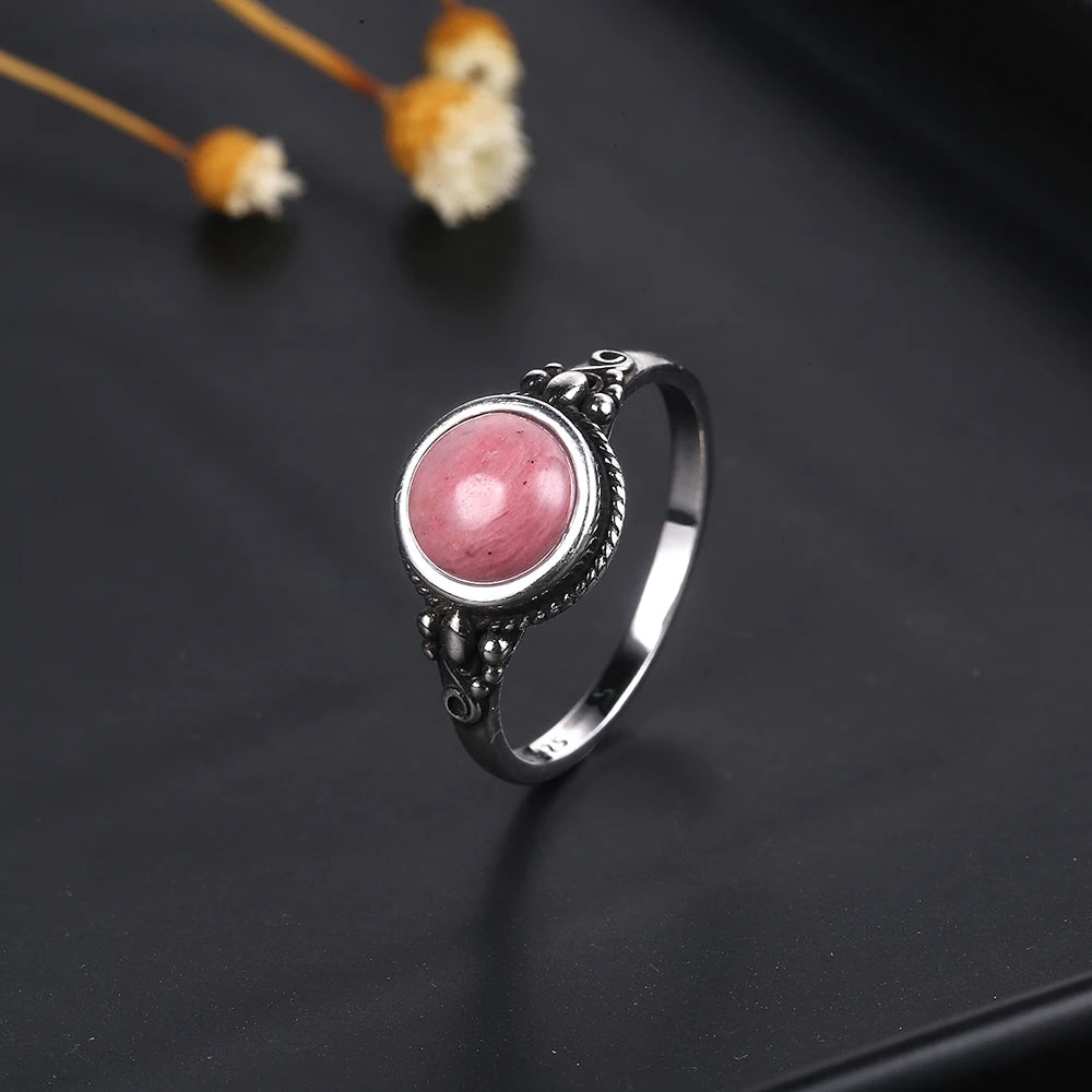 Bague Fine Ronde 8 mm en Pierre Naturelle – Monture Argentée Perlée, Labradorite, Pierre de Lune…