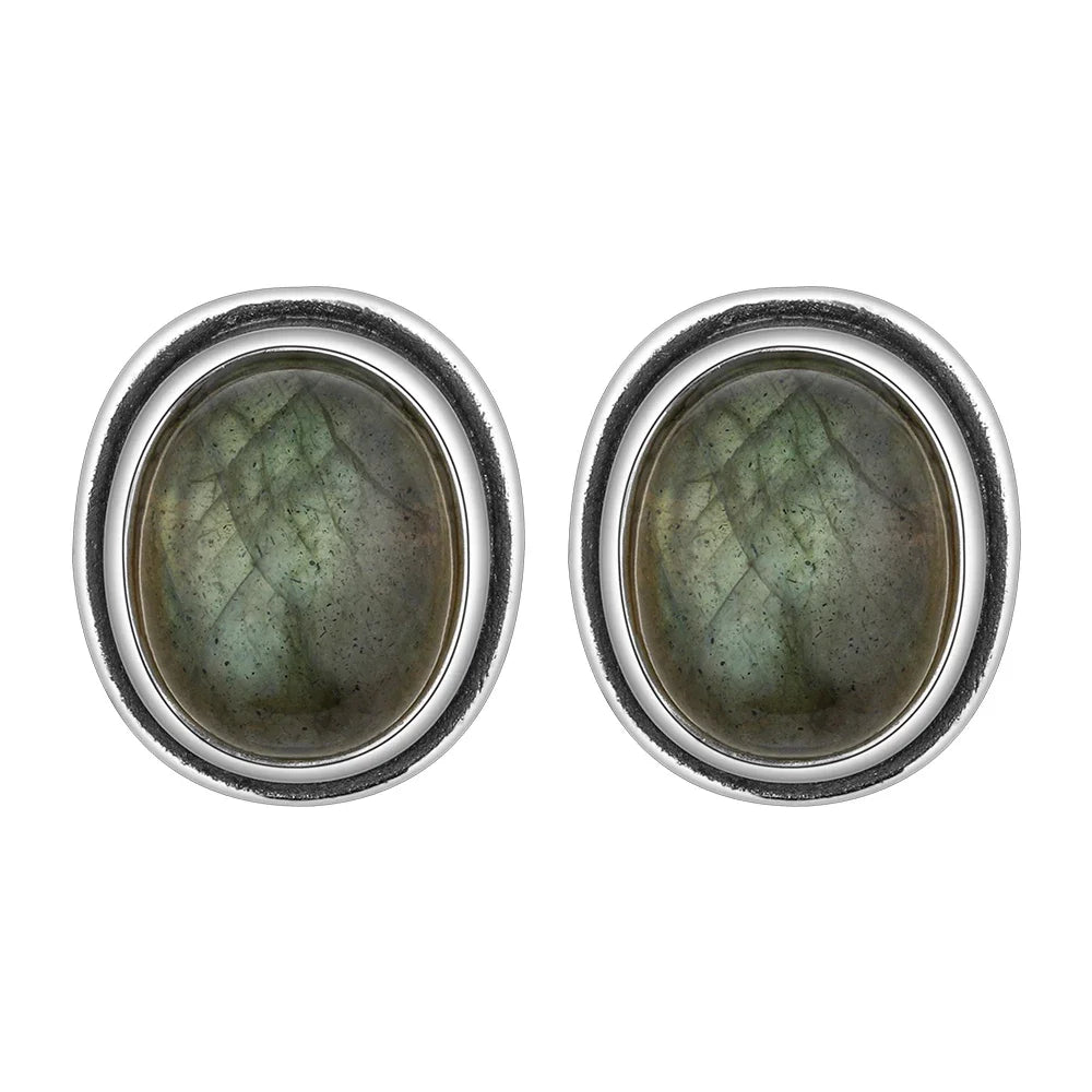 Clous d'Oreilles Ovales 8 x 10 mm en Pierre Naturelle – Labradorite, Cyanite ou Améthyste, Plaqué Argent