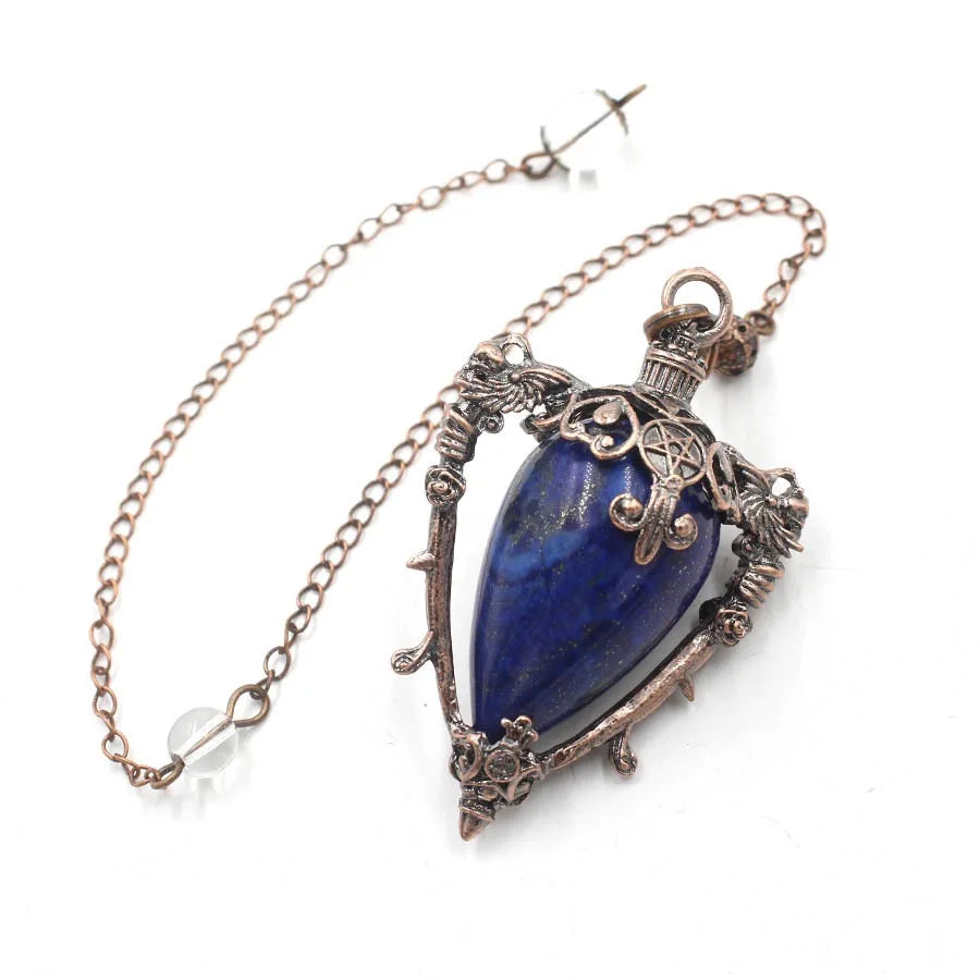 Grand Pendule Vintage en Pierre Naturelle – Cœur Serti Monture Cuivrée, Obsidienne, Améthyste, Labradorite…
