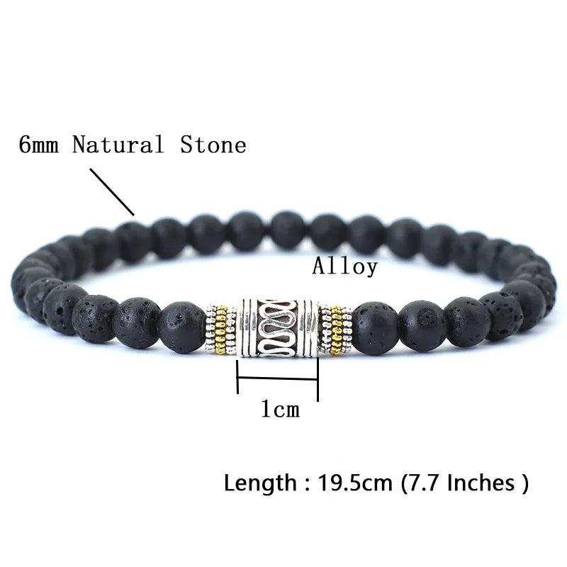 Bracelet Minimaliste 6 mm – Onyx, Œil de Tigre ou Pierre de Lave, Perle Sanskrit, Unisexe