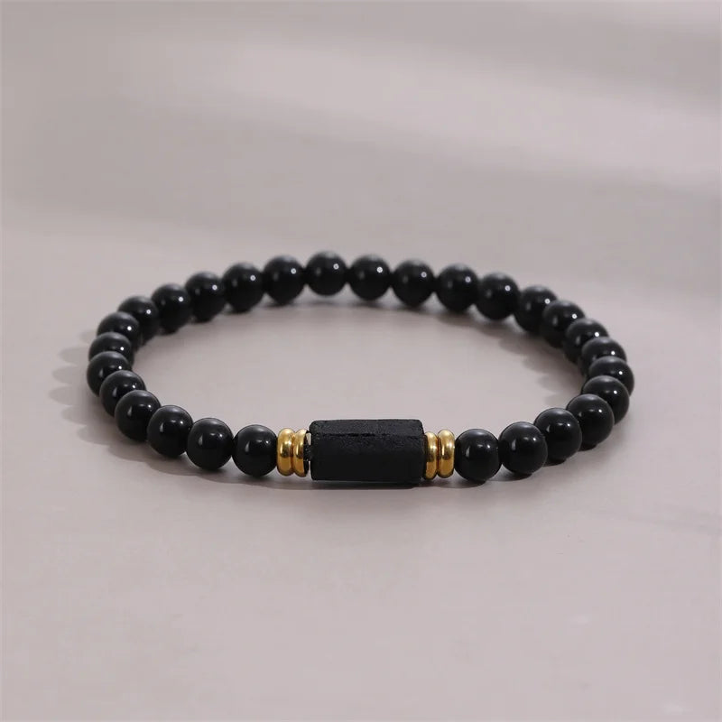Bracelet Perles Noires et Pépite de Tourmaline Noire Brute – Protection, Unisexe