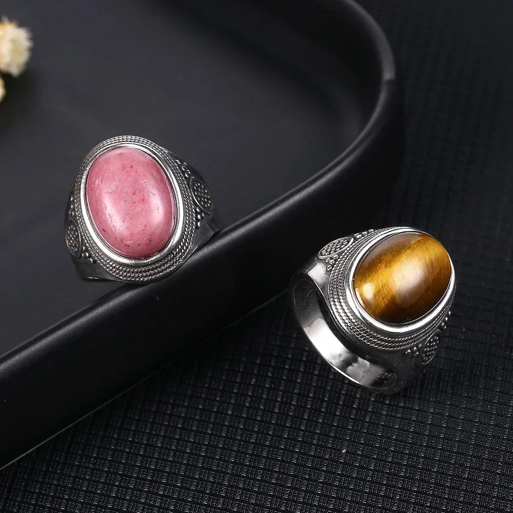 Bague Cabochon Ovale 10 x 14 mm – Monture Argentée Ciselée Unisexe, Œil de Tigre, Labradorite, Lapis…