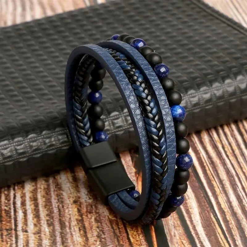 Bracelet Homme Cuir Multirangs et Perles d'Œil de Tigre – Fermoir Magnétique, 20 cm