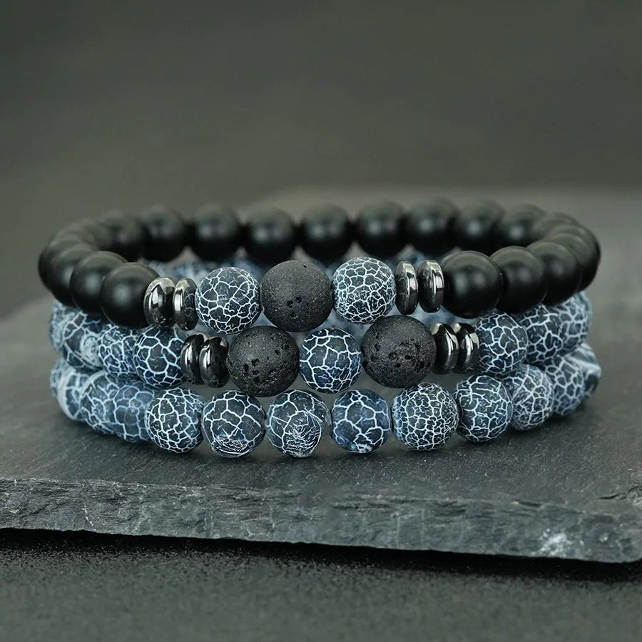 Lot de 3 Bracelets Homme en Pierres Naturelles – Œil de Tigre, Pierre de Lave et Onyx Mat
