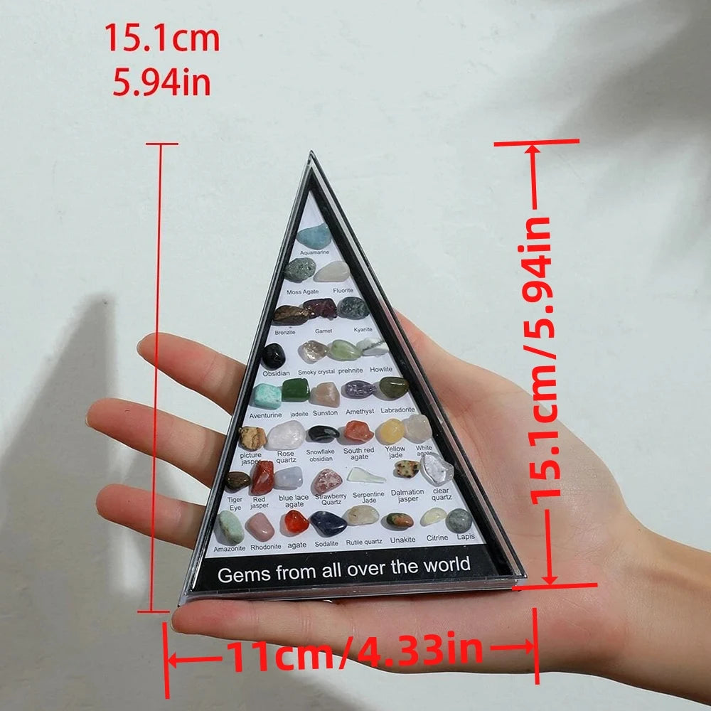Cadre Pyramide de Collection – 36 Pierres et Minéraux du Monde Entier Étiquetés, 15 cm