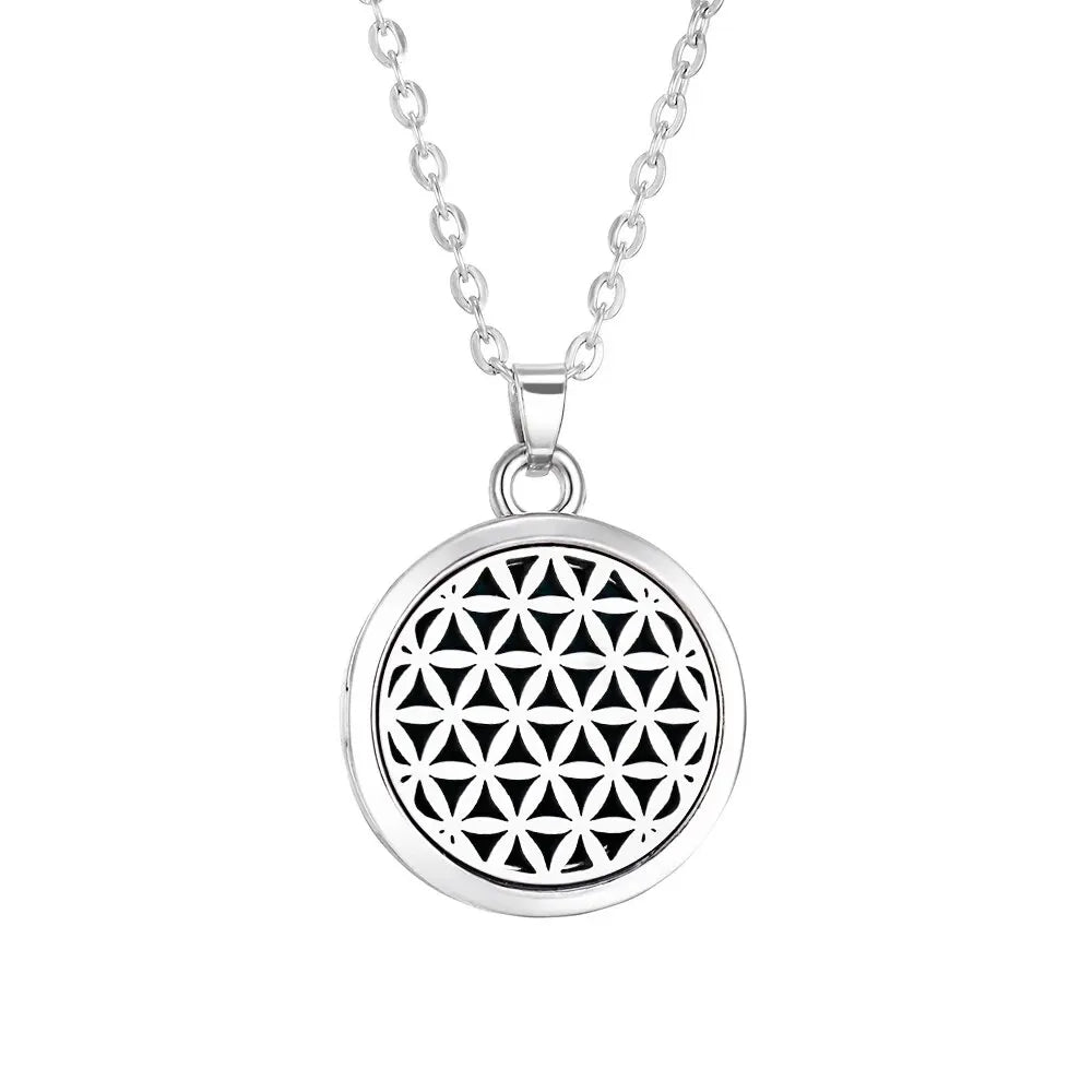 Collier Diffuseur d'Huiles Essentielles en Acier – Médaillon Arbre de Vie, Lotus, Fleur de Vie, 15 Motifs