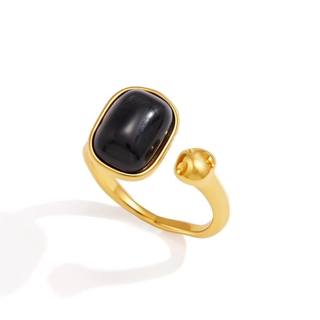 Bague Obsidienne Noire Ajustable – Acier Inoxydable Plaqué Or 18 Carats, Femme