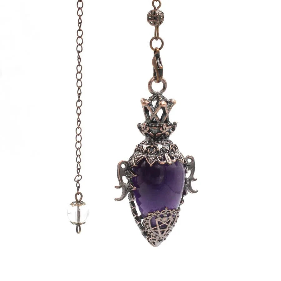 Grand Pendule Vintage en Pierre Naturelle – Cœur Serti Monture Cuivrée, Obsidienne, Améthyste, Labradorite…
