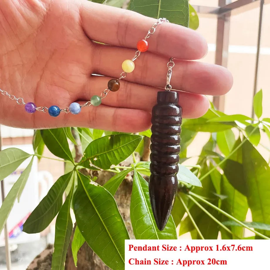 Pendule Égyptien en Bois Sombre Tourné – Pendule de Radiesthésie Karnak, Chaîne Simple ou 7 Chakras