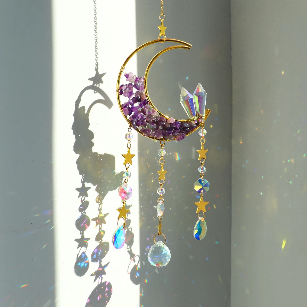 Attrape-Soleil Lune en Cristal – Suspension Arc-en-Ciel avec Éclats de Pierres et Prismes, 17 Modèles