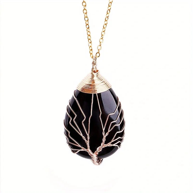 Pendentif Arbre de Vie en Pierre Naturelle au Choix – Fil Doré ou Argenté, avec Chaîne