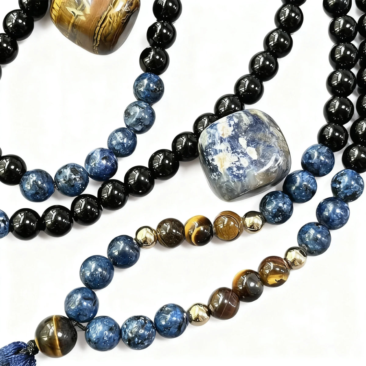 Mala 108 Perles Onyx Noir, Sodalite et Œil de Tigre 8 mm – Collier de Méditation à Pompon