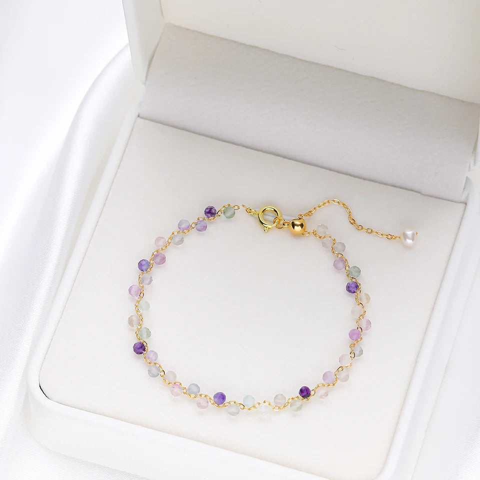 Bracelet Chaîne Dorée Perles Facettées 3 mm – Pierre Naturelle au Choix et Perle d'Eau Douce