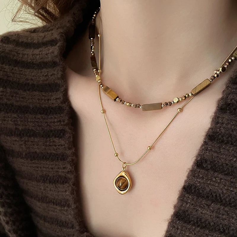 Collier Œil de Tigre Doré Femme à Superposer – Rang de Perles ou Pendentif Goutte, Acier Inoxydable, Bijou Pierre Naturelle, Idée Cadeau