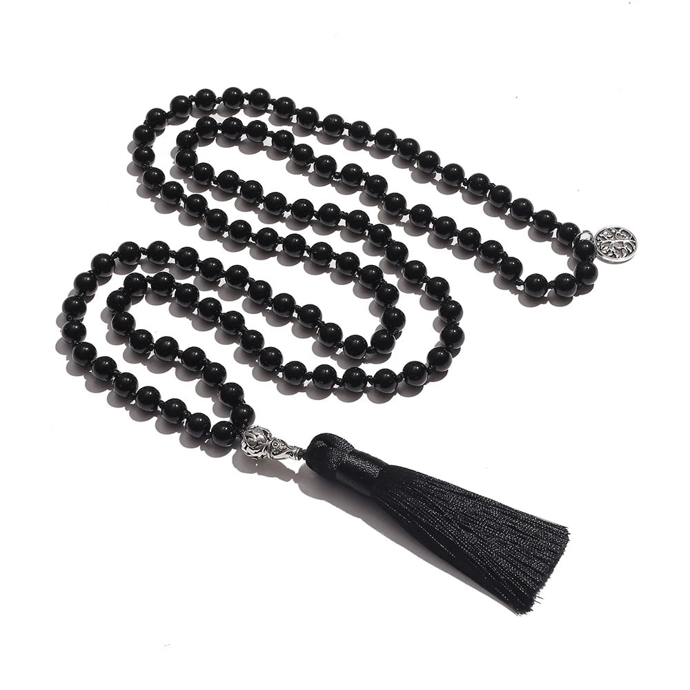 Mala 108 Perles Onyx Noir 8 mm – Collier de Méditation à Pompon, Pendentif Arbre de Vie