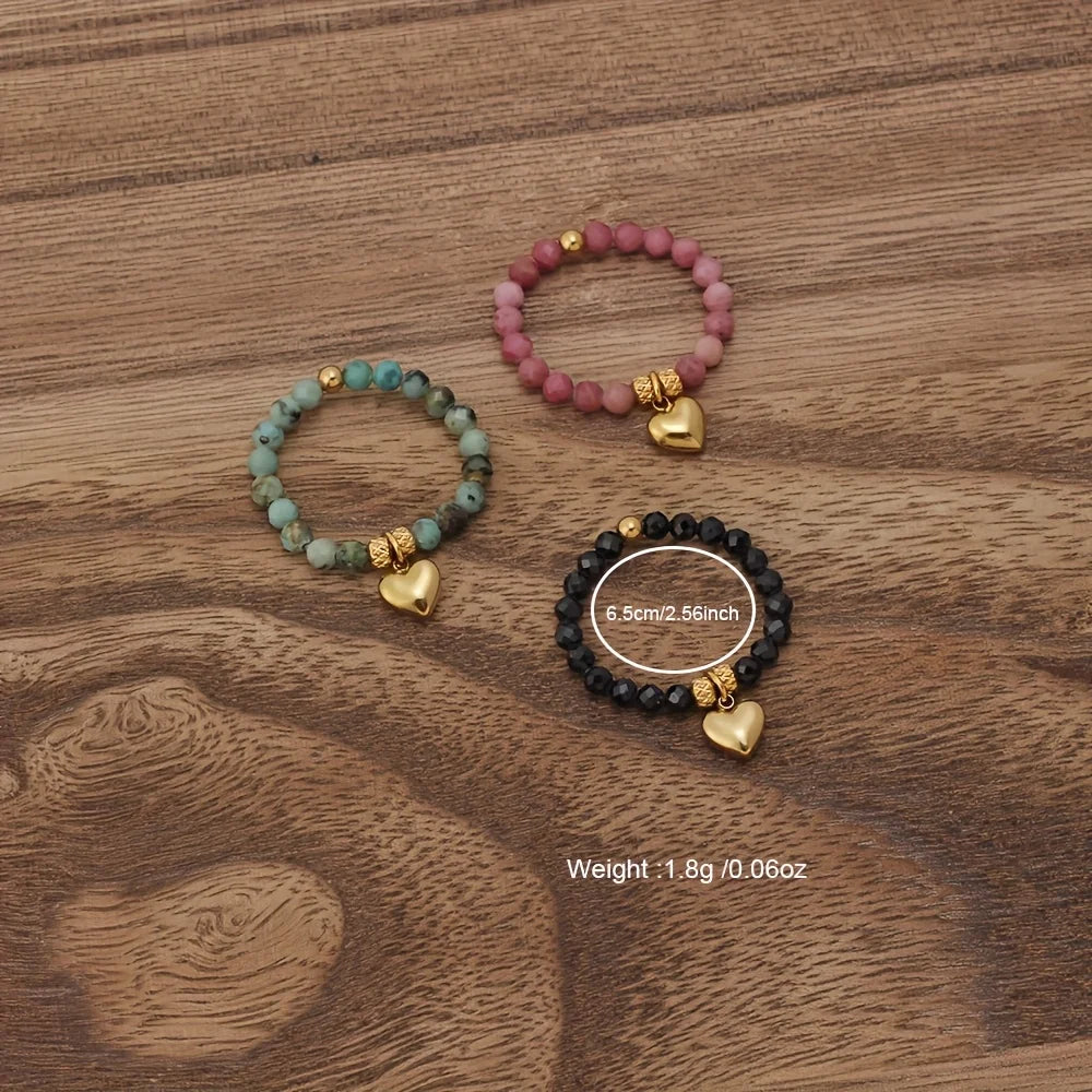 Bague Perlée Extensible en Pierres Naturelles – Cœur, Trèfle, Améthyste, Labradorite…