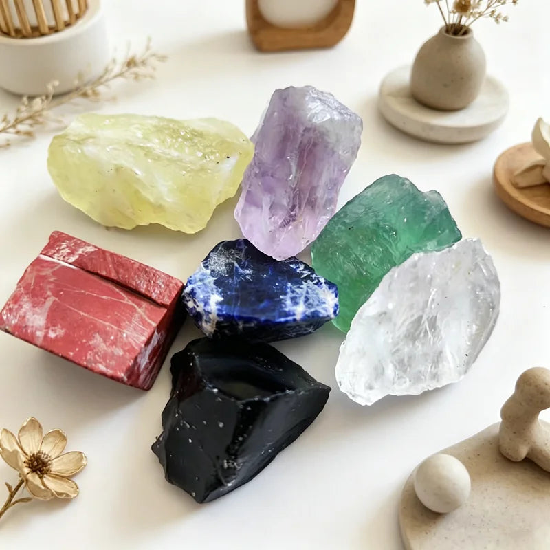 Lot de 7 Pierres Brutes des Chakras 2-3 cm – Améthyste, Citrine, Fluorite, Sodalite, Jaspe Rouge…