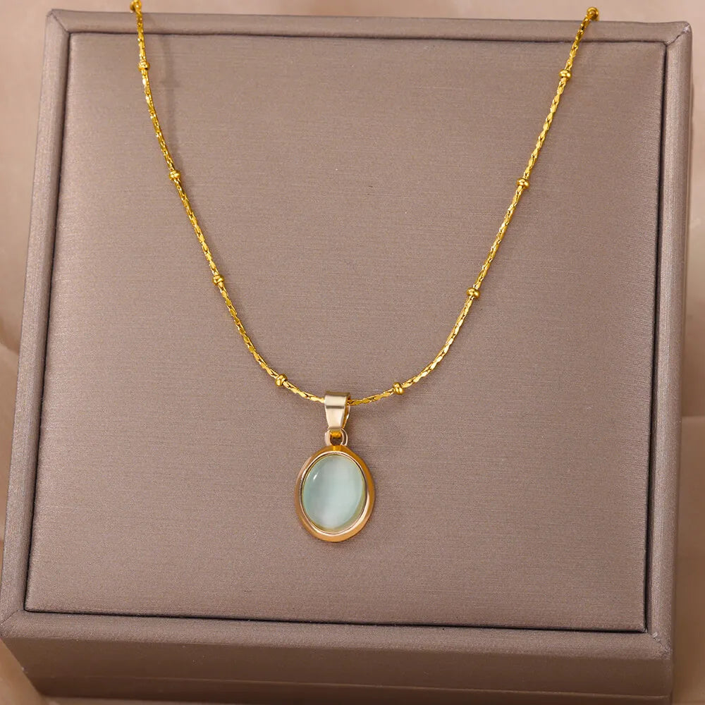 Collier Pendentif Ovale en Pierre – Acier Inoxydable Doré, Chaîne 45 cm, 13 Modèles