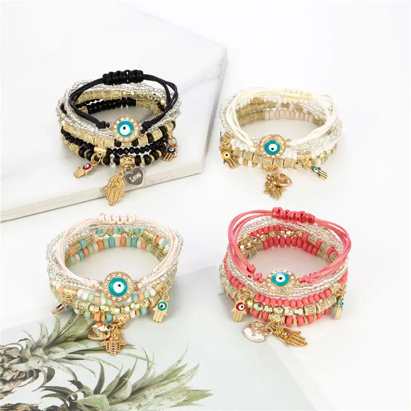 Lot de 6 Bracelets Bohème Œil Turc et Main de Fatma – Perles, Cordons et Breloques, 8 Coloris