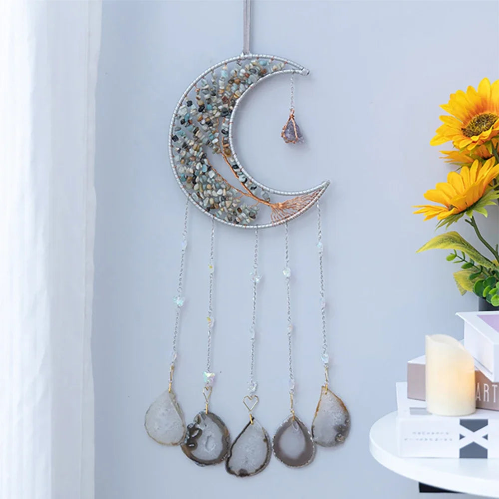 Attrape-Rêves en Pierres Naturelles et Tranches d'Agate – Lune ou Arbre de Vie, 29 Modèles, Décoration Murale