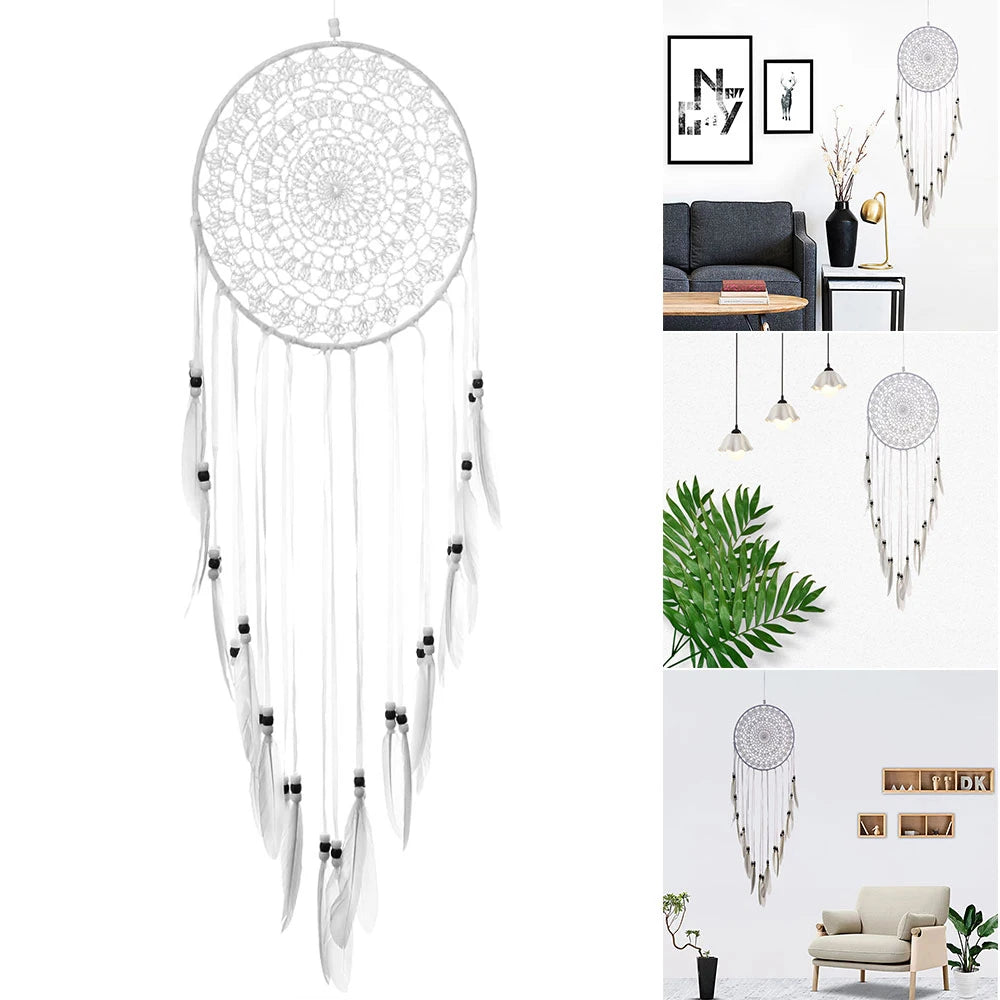 Grand Attrape-Rêves en Dentelle et Plumes – Décoration Murale Bohème, Blanc, Rose ou Double Cercle