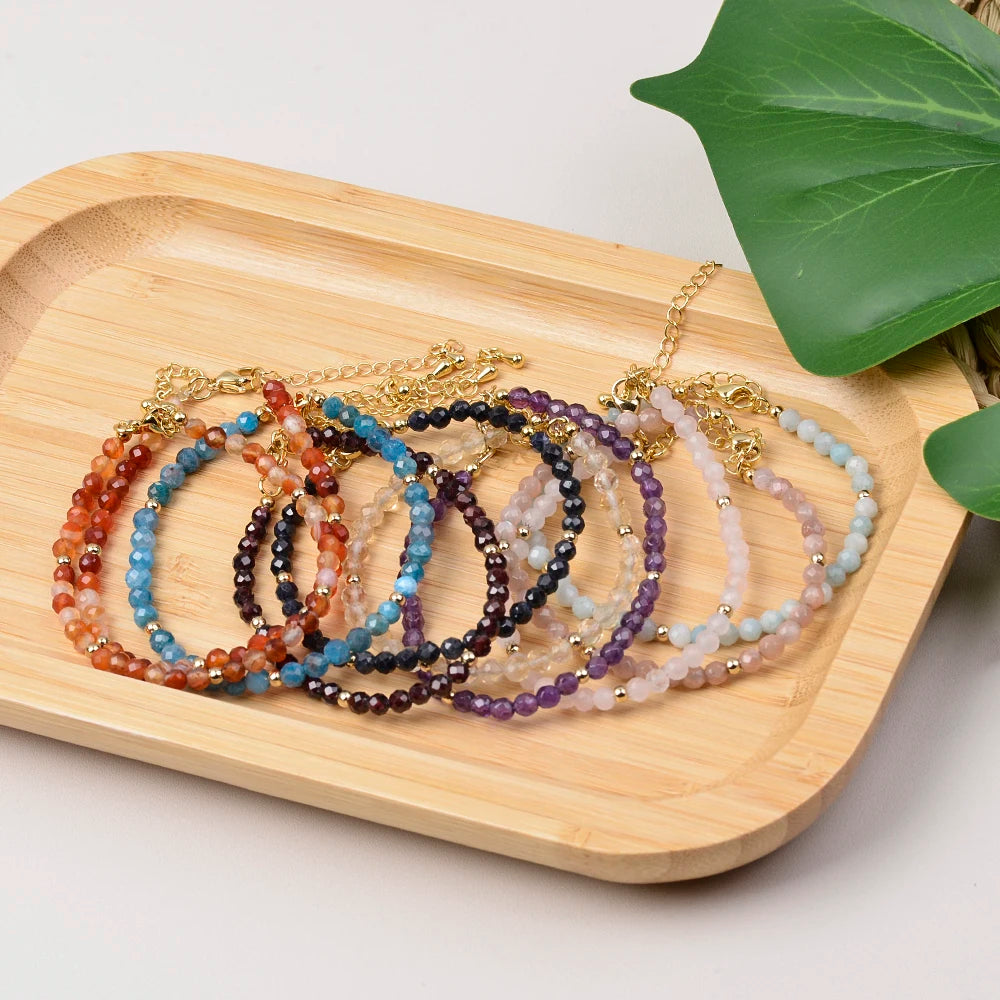 Bracelet Fin Perles Facettées 4 mm – Grenat, Cornaline, Pierre de Soleil… Fermoir Doré