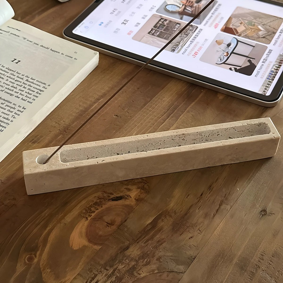 Porte-Encens en Travertin – Réglette Rectangulaire 21 cm pour Bâtonnets, Déco Minimaliste