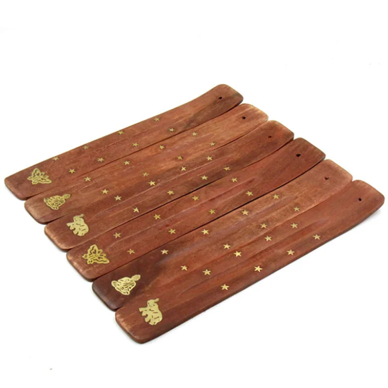 Porte-Encens en Bois à Incrustations Dorées – Planchette pour Bâtonnets d'Encens, Motif Éléphant ou Bouddha et Étoiles, Décoration Zen
