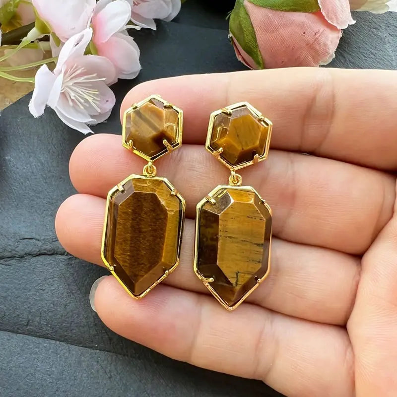 Boucles d'Oreilles Hexagonales en Pierre Naturelle Facettée 45 mm – Monture Dorée, 7 Pierres
