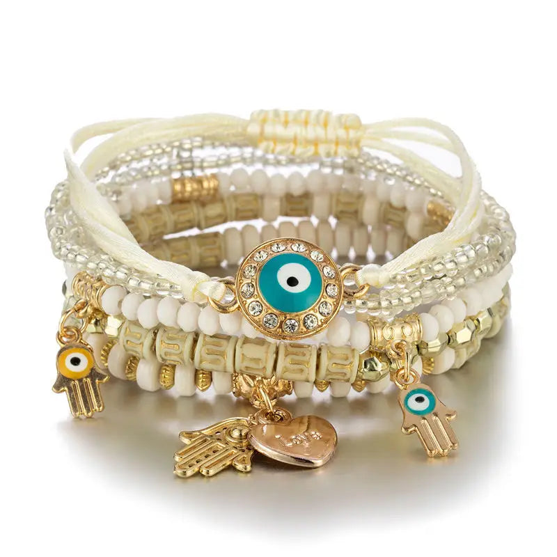 Lot de 6 Bracelets Bohème Œil Turc et Main de Fatma – Perles, Cordons et Breloques, 8 Coloris
