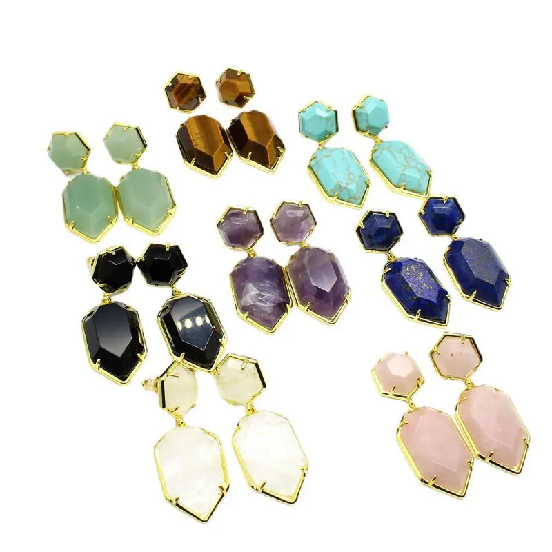 Boucles d'Oreilles Hexagonales en Pierre Naturelle Facettée 45 mm – Monture Dorée, 7 Pierres
