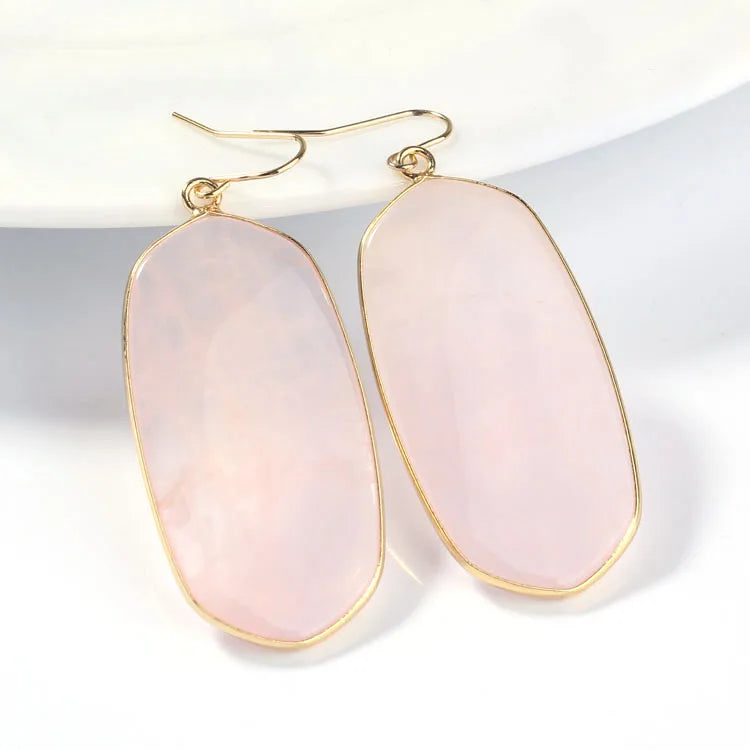 Grandes Boucles d'Oreilles Ovales en Pierre Naturelle – Pendantes Serties d'Or, 9 Pierres