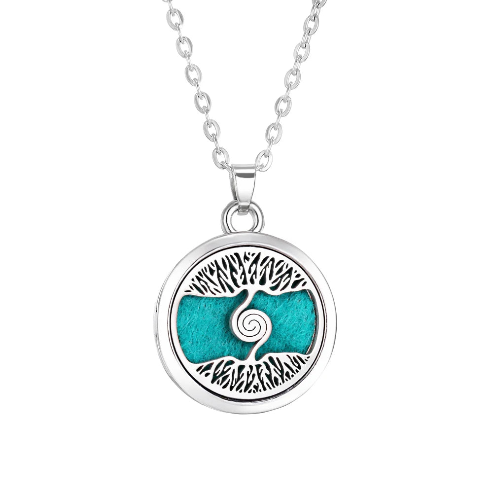 Collier Diffuseur d'Huiles Essentielles en Acier – Médaillon Arbre de Vie, Lotus, Fleur de Vie, 15 Motifs