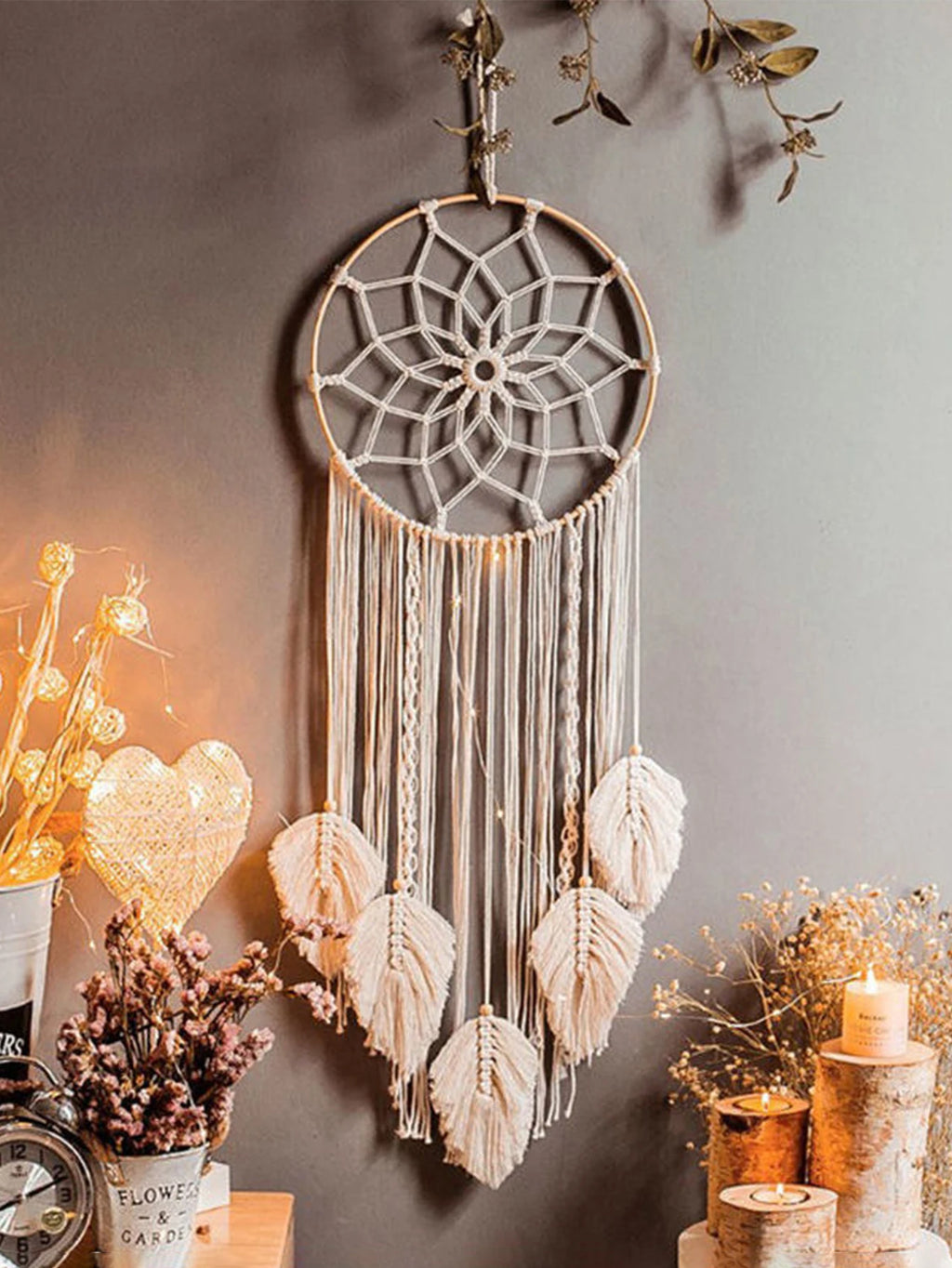 Grand Attrape-Rêves en Macramé à Feuilles – Tenture Murale Bohème Faite Main, 85 cm