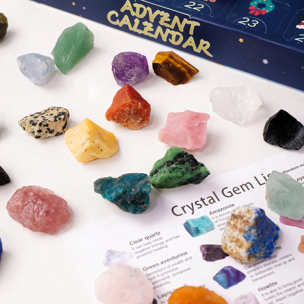Calendrier de l'Avent Pierres Naturelles – 24 Cristaux à Découvrir, Pierres Roulées ou Brutes, Coffret Minéraux avec Carte des Pierres, Lithothérapie, Idée Cadeau Noël