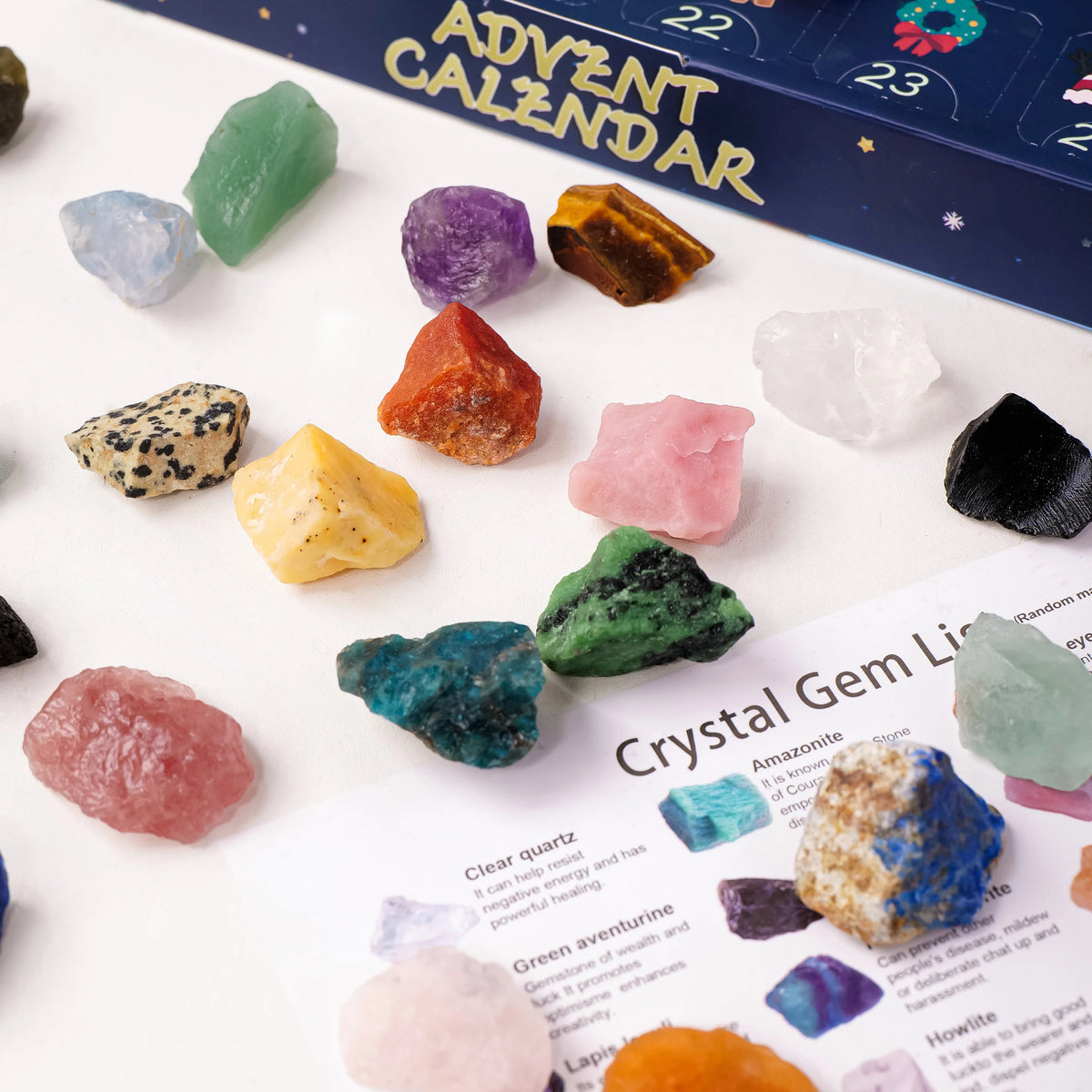 Calendrier de l'Avent Pierres Naturelles – 24 Cristaux à Découvrir, Pierres Roulées ou Brutes, Coffret Minéraux avec Carte des Pierres, Lithothérapie, Idée Cadeau Noël