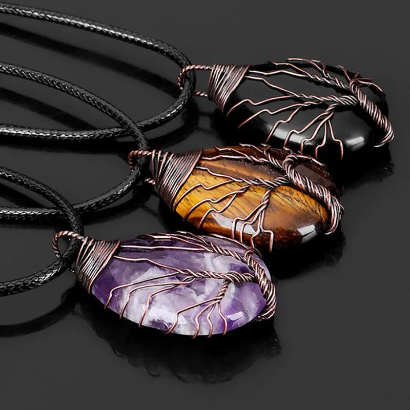 Pendentif Arbre de Vie en Pierre Naturelle au Choix – Fil Doré ou Argenté, avec Chaîne