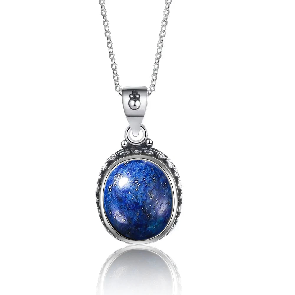 Pendentif Ovale Argent 925 – Lapis-Lazuli, Pierre de Lune, Améthyste ou Quartz Rose, Style Vintage