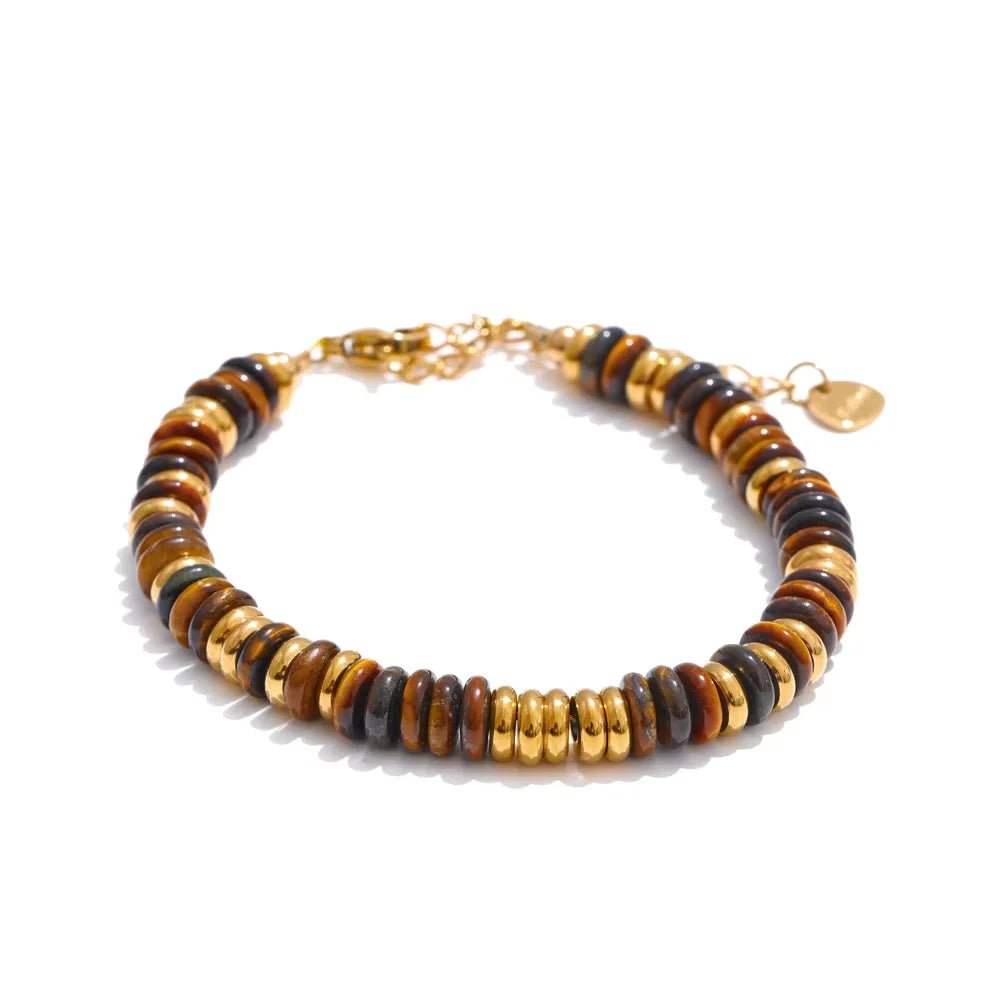 Bracelet Perles Heishi en Pierre Naturelle et Acier Doré – Œil de Tigre, Amazonite, 8 Pierres