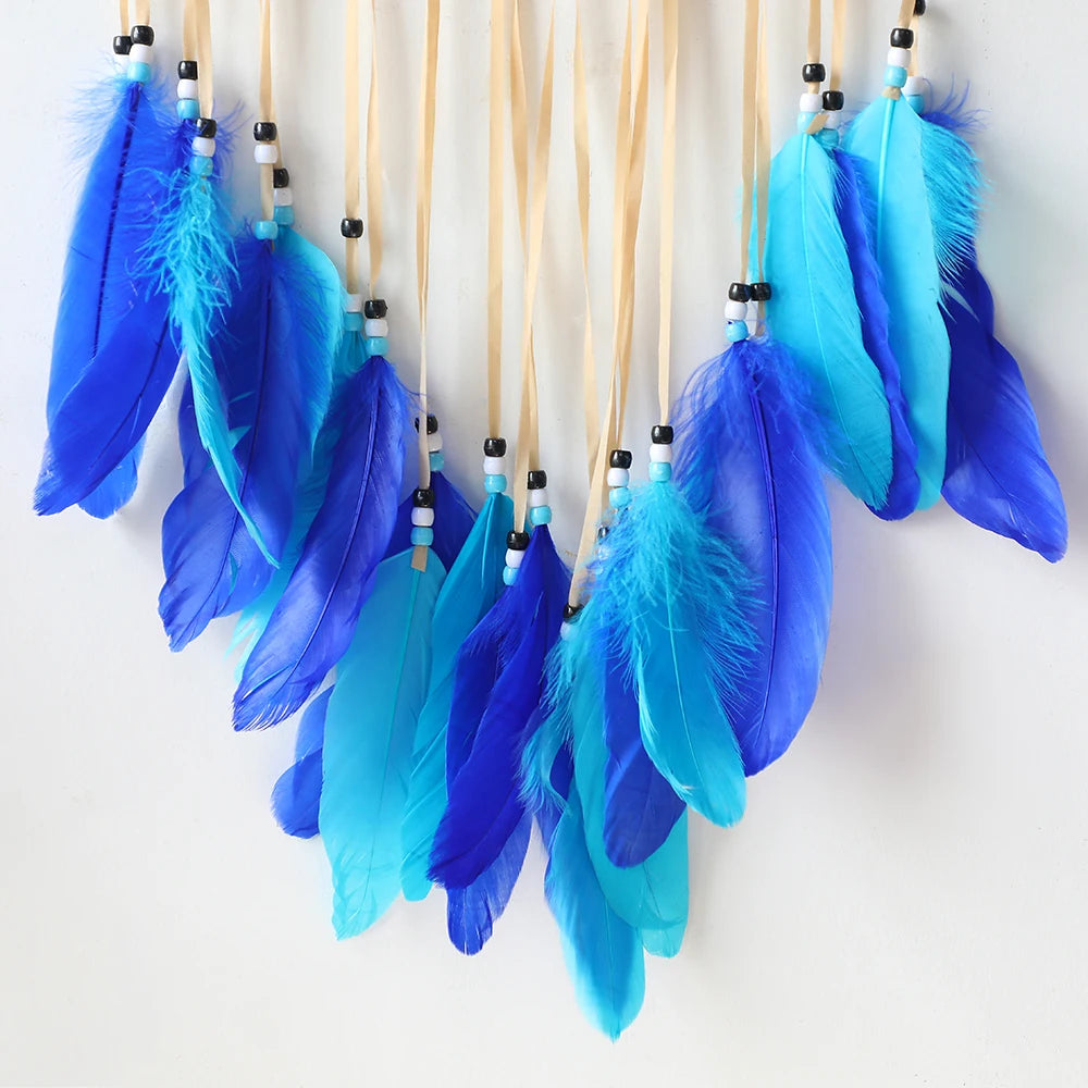 Attrape-Rêves Œil Bleu – Mauvais Œil Brodé et Plumes Bleues, Décoration Murale Bohème, 3 Modèles