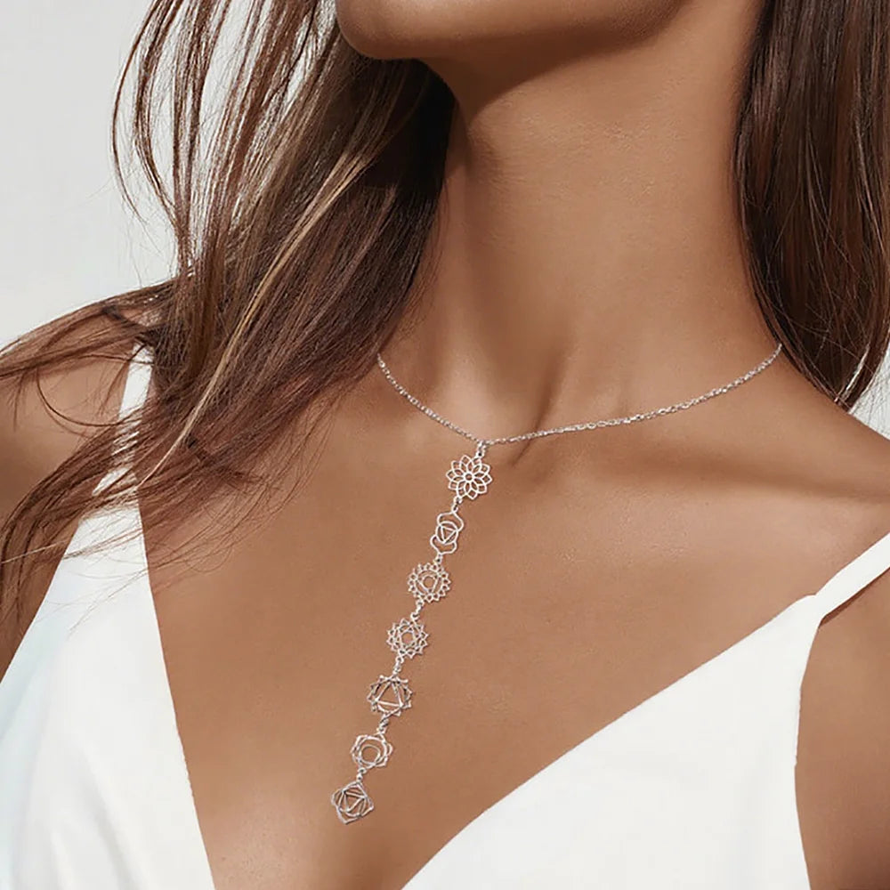 Collier 7 Chakras en Acier Inoxydable – Symboles des Chakras et Perles, Doré ou Argenté, 3 Modèles