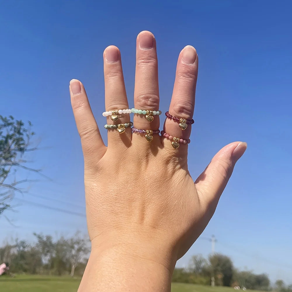 Bague Perlée Extensible en Pierres Naturelles – Cœur, Trèfle, Améthyste, Labradorite…