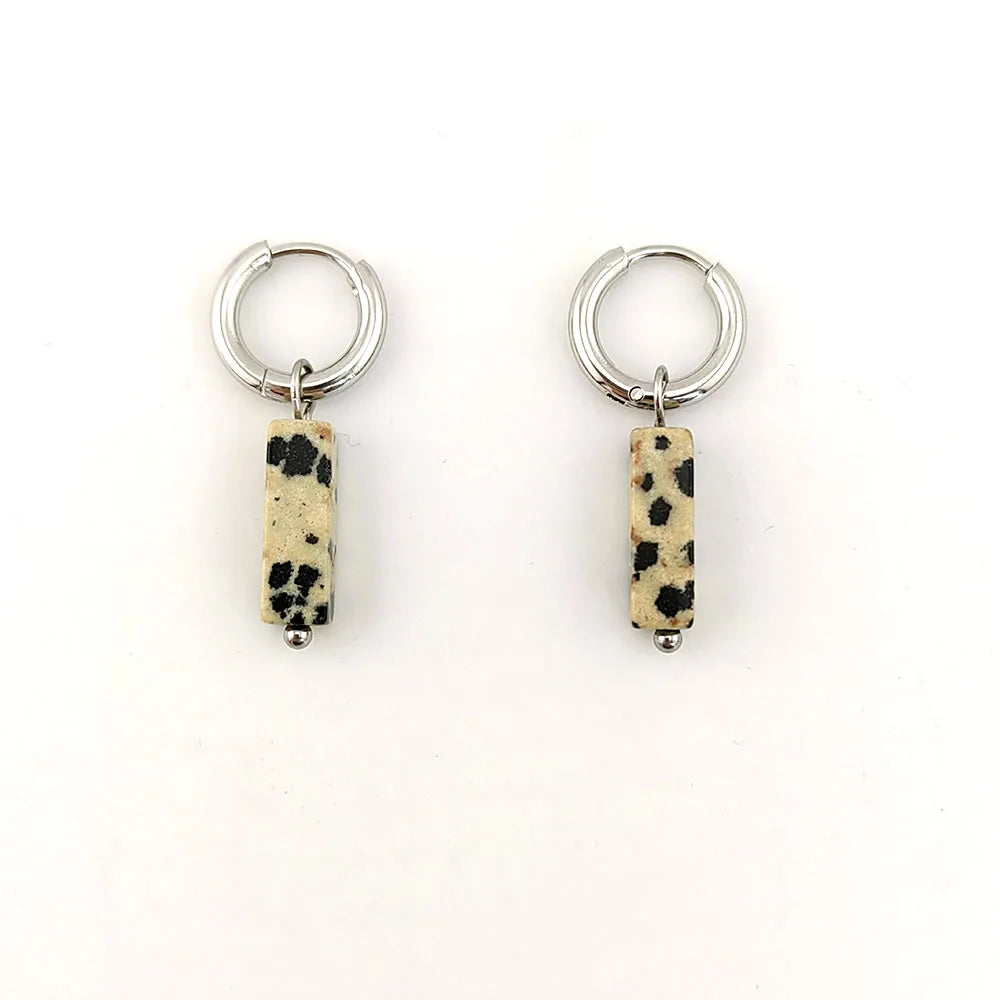 Petites Créoles à Pierre Rectangulaire – Œil de Tigre, Jaspe Paysage ou Léopard, Doré ou Argenté